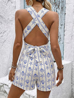 Jumpsuits Blue V-Neck Sleeveless Strapless Wide Summer One Piece Outfit