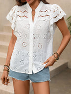 Blouse For Women White V-Neck Casual Cut Out Short Sleeves Summer Tops