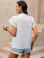 Blouse For Women White V-Neck Casual Cut Out Short Sleeves Summer Tops