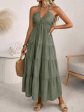 Vacation Maxi Dresses Lace Up Sleeveless Backless V-Neck Sweet Green Summer Dress