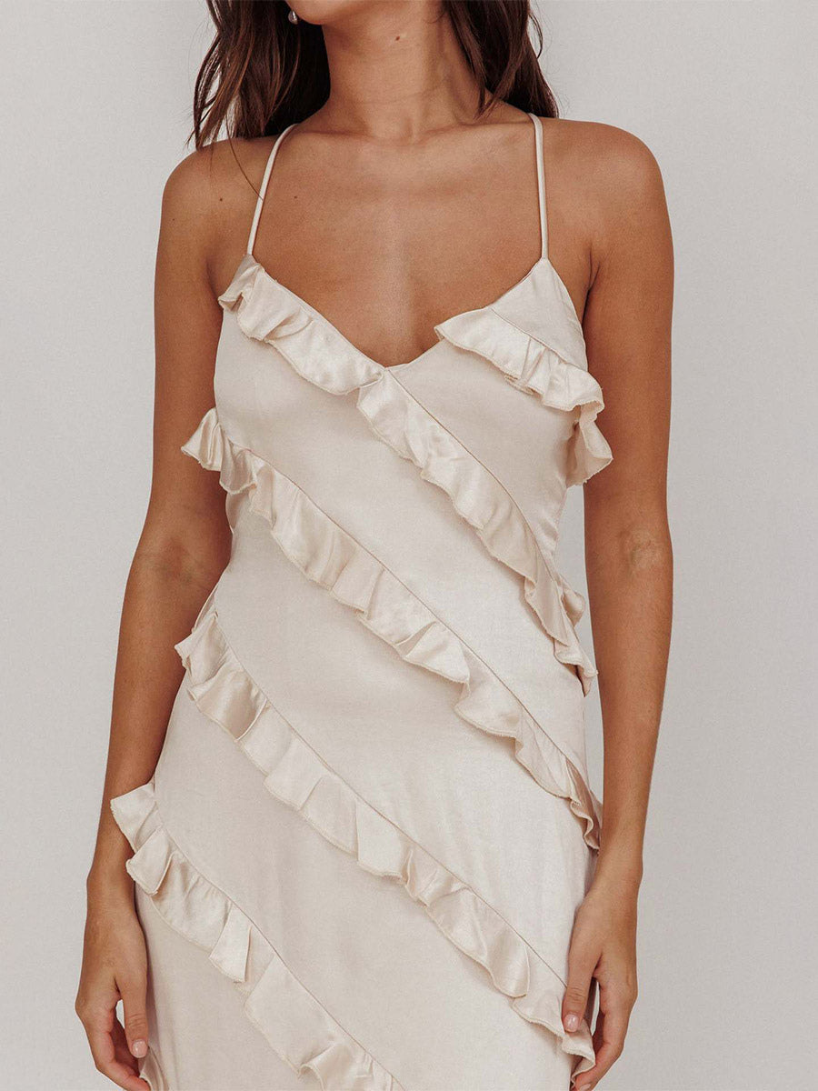 Party Dress Maxi Pink Straps Neck Ruffles Sleeveless Casual Semi Formal Summer Dress