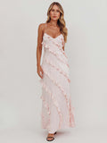 Party Dress Maxi Pink Straps Neck Ruffles Sleeveless Casual Semi Formal Summer Dress