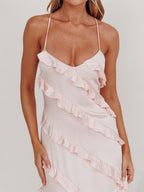 Party Dress Maxi Pink Straps Neck Ruffles Sleeveless Casual Semi Formal Summer Dress