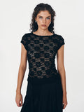 T-Shirt Short Sleeves Tees Black Lace Straps Neck Women Summer T Shirt
