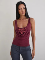 Cami Top Cowl Neck Sequins Casual Burgundy Camis For Women