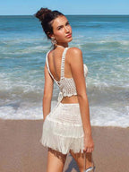 Two Piece Sets Skirt Set Ecru White Chic Fringe Beach Traps Neck Sleeveless Top Skirt Sets
