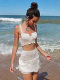 Two Piece Sets Skirt Set Ecru White Chic Fringe Beach Traps Neck Sleeveless Top Skirt Sets