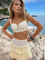 Two Piece Sets Skirt Set Ecru White Chic Fringe Beach Traps Neck Sleeveless Top Skirt Sets