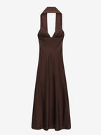 Creamy White Halter Neck Satin Maxi Dress For Women Elegant Formal Style