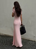 Soft Pink V Neck Knit Maxi Dress For Women Elegant Daily Style