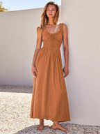 Cream V Neck Ruffled Strap Maxi Dress For Women Elegant Summer Style