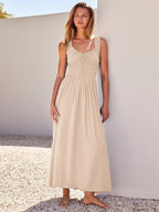 Cream V Neck Ruffled Strap Maxi Dress For Women Elegant Summer Style