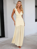 Cream V Neck Ruffled Sleeve Maxi Dress For Women Elegant Formal Style