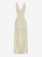 Cream V Neck Ruffled Sleeve Maxi Dress For Women Elegant Formal Style