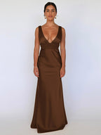 Ivory V Neck Satin Maxi Dress For Women Elegant Formal Style