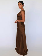 Ivory V Neck Satin Maxi Dress For Women Elegant Formal Style