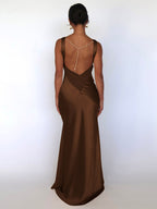 Ivory V Neck Satin Maxi Dress For Women Elegant Formal Style