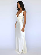 Ivory V Neck Satin Maxi Dress For Women Elegant Formal Style