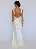 Ivory V Neck Satin Maxi Dress For Women Elegant Formal Style