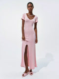 Soft Pink V Neck Knit Maxi Dress For Women Elegant Daily Style