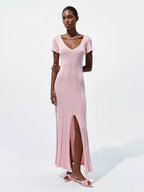 Soft Pink V Neck Knit Maxi Dress For Women Elegant Daily Style