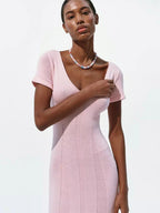 Soft Pink V Neck Knit Maxi Dress For Women Elegant Daily Style