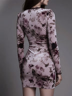 Date Night Mini Dresses Lace Long Sleeves Floral Print V-Neck Pink Dresses