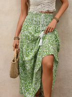 Women's Green Paisley Print High Low Maxi Skirt Smocked Waist Tiered Flowy Boho Summer Skirt With Tassel Tie