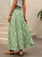 Women's Green Paisley Print High Low Maxi Skirt Smocked Waist Tiered Flowy Boho Summer Skirt With Tassel Tie