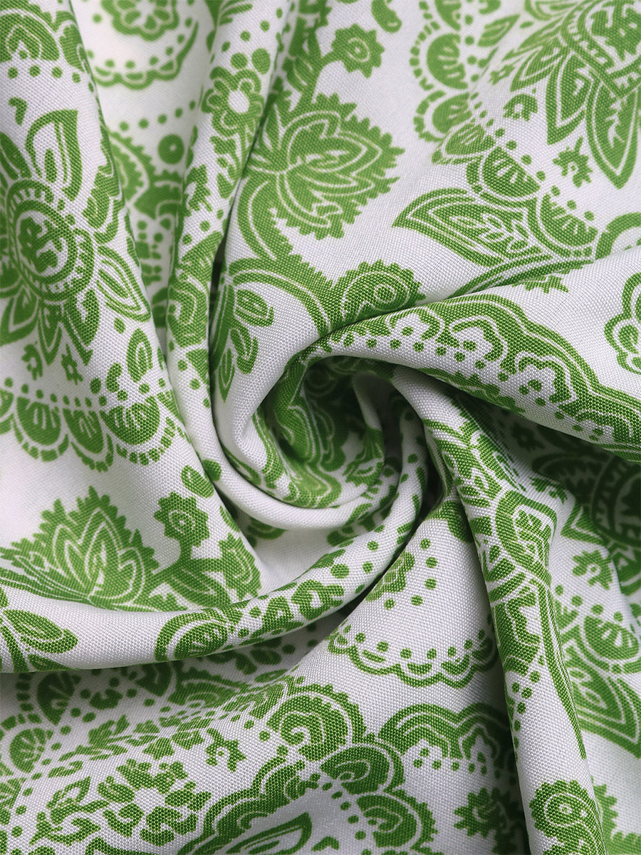 Women's Green Paisley Print High Low Maxi Skirt Smocked Waist Tiered Flowy Boho Summer Skirt With Tassel Tie