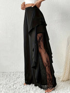 Pants Black Solid Color Ruffles Natural Waist Summer Trousers