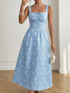 Date Night Maxi Dress Lace Up Sleeveless Backless Square Neck Sweet Blue Dress