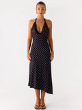 Party Dress Midi Black Halter Sleeveless Polka Dot Semi Formal Summer Dress