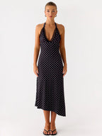 Party Dress Midi Black Halter Sleeveless Polka Dot Semi Formal Summer Dress