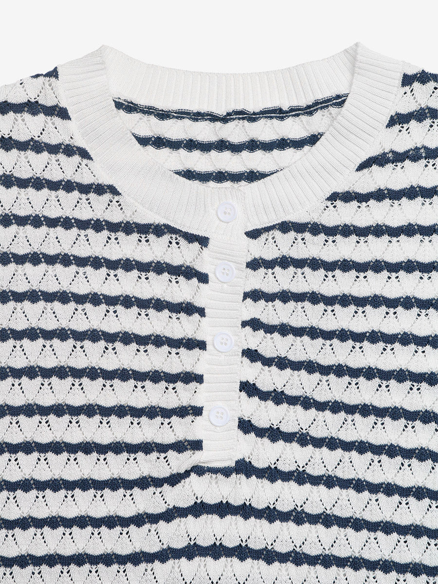 Tops Short Sleeves Tees Dark Navy Stripes Buttons Jewel Neck T-Shirt