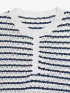 Tops Short Sleeves Tees Dark Navy Stripes Buttons Jewel Neck T-Shirt