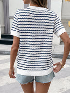 Tops Short Sleeves Tees Dark Navy Stripes Buttons Jewel Neck T-Shirt