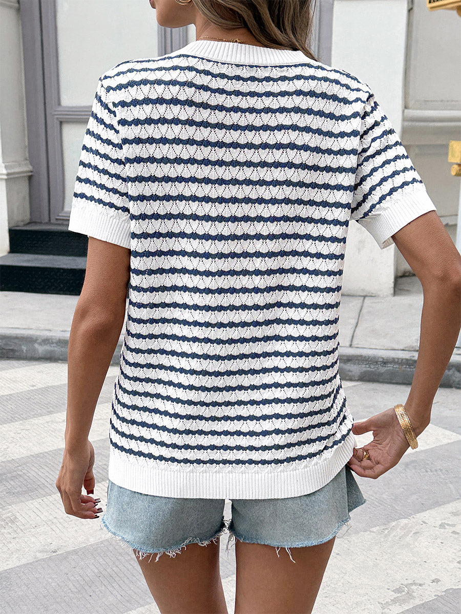 Tops Short Sleeves Tees Dark Navy Stripes Buttons Jewel Neck T-Shirt