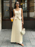 Two Piece Sets Skirt Set Maxi Apricot Elegant Buttons Square Neck Sleeveless Sets