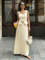 Two Piece Sets Skirt Set Maxi Apricot Elegant Buttons Square Neck Sleeveless Sets