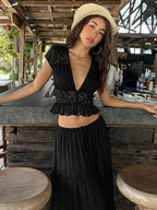 Vacation Skirt Suits Maxi Lace Short Sleeves V-Neck Chic Avocado Green Skirt Suits