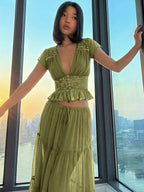 Vacation Skirt Suits Maxi Lace Short Sleeves V-Neck Chic Avocado Green Skirt Suits
