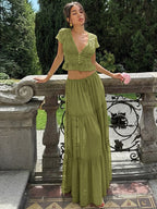 Vacation Skirt Suits Maxi Lace Short Sleeves V-Neck Chic Avocado Green Skirt Suits