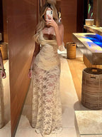 Vacation Dresses Maxi Lace Cowl Neck Elegant Apricot Summer Dress