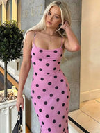 Daily Dresses Woman's Maxi Pink Backless Lace Up Sleeveless Straps Neck Polka Dot Dress