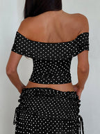 Vacation Two-Piece Set Maxi Flower Ruffled Short Sleeves Off-Shoulder Crop Top Maxi Skirt Sets