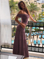 Vacation Two-Piece Set Maxi Flower Ruffled Short Sleeves Off-Shoulder Crop Top Maxi Skirt Sets