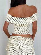 Vacation Two-Piece Set Maxi Flower Ruffled Short Sleeves Off-Shoulder Crop Top Maxi Skirt Sets