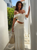 Vacation Two-Piece Set Maxi Flower Ruffled Short Sleeves Off-Shoulder Crop Top Maxi Skirt Sets
