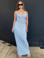 Party Dress Maxi Blue Flowers Sleeveless Flower Sexy Semi Formal Summer Dress